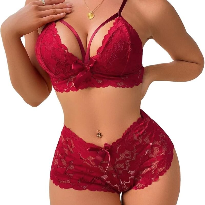 Lilosy Sexy Strappy High Waist Floral Lace Pajamas Lingerie Set Outfits
