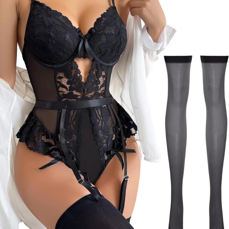 Lilosy Sexy Stocking Lace Mesh Bodysuit Top Underwire Garter Lingerie Set 3 Piece