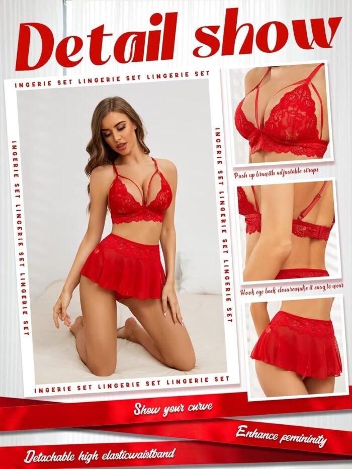 PITINAN Sexy Lingerie for Women Naughty 3 Piece Lace Bralette, Mini Skirt with G-String Crotchless Teddy Lingerie Set - Image 4