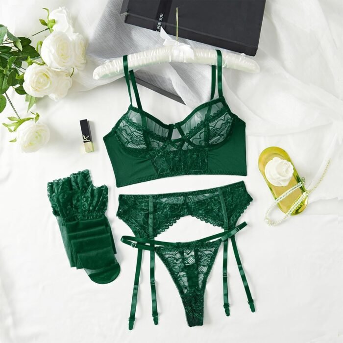 Women's Sexy Lingerie with Waist Garter Embroidered Lace Flower Bra and G-String 4 Piece Lingerie Sets - Image 5