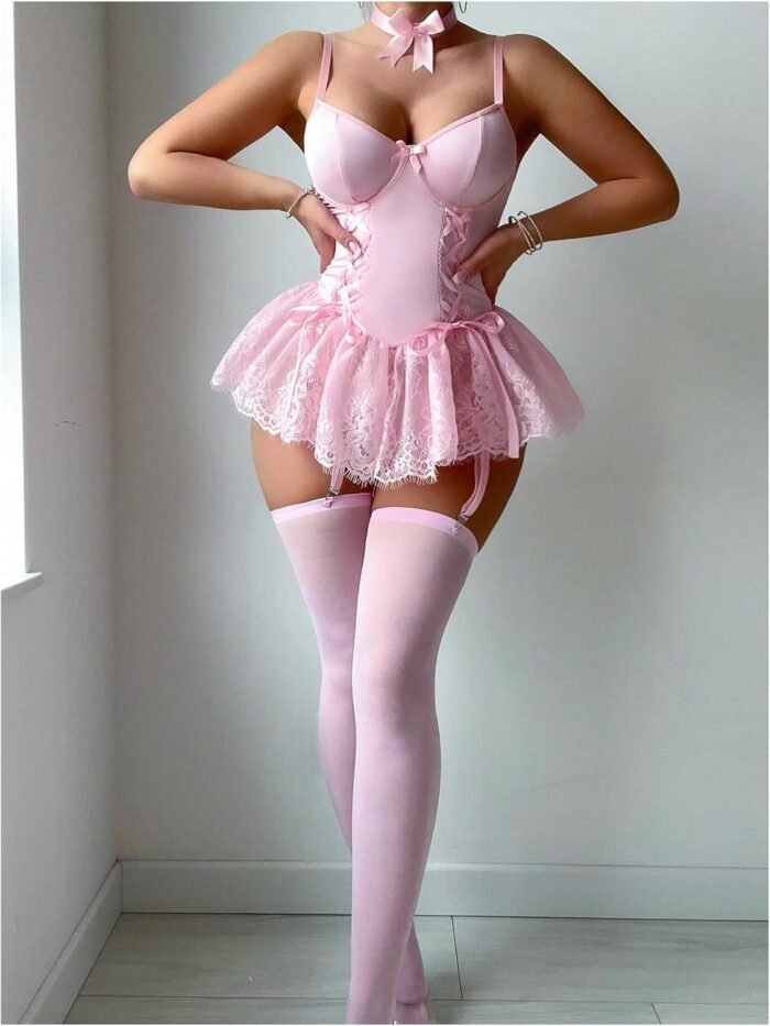 SHENHE Women's Lace Babydoll Garter Lingerie Dress with Thong and Stockings Set - Image 5