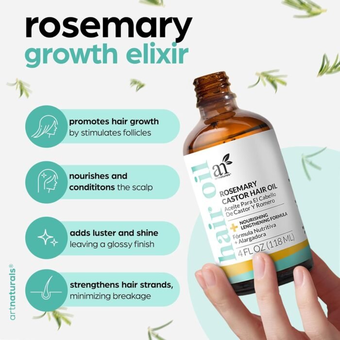 ArtNaturals Organic Rosemary & Castor Hair Growth Oil + Scalp Massager Set – Hair Styling Oils for Dry, Itchy Scalp, Thickening & Hydration - Scalp Oil Products For Damaged Hair & Split Ends – 4.0 oz - Image 3