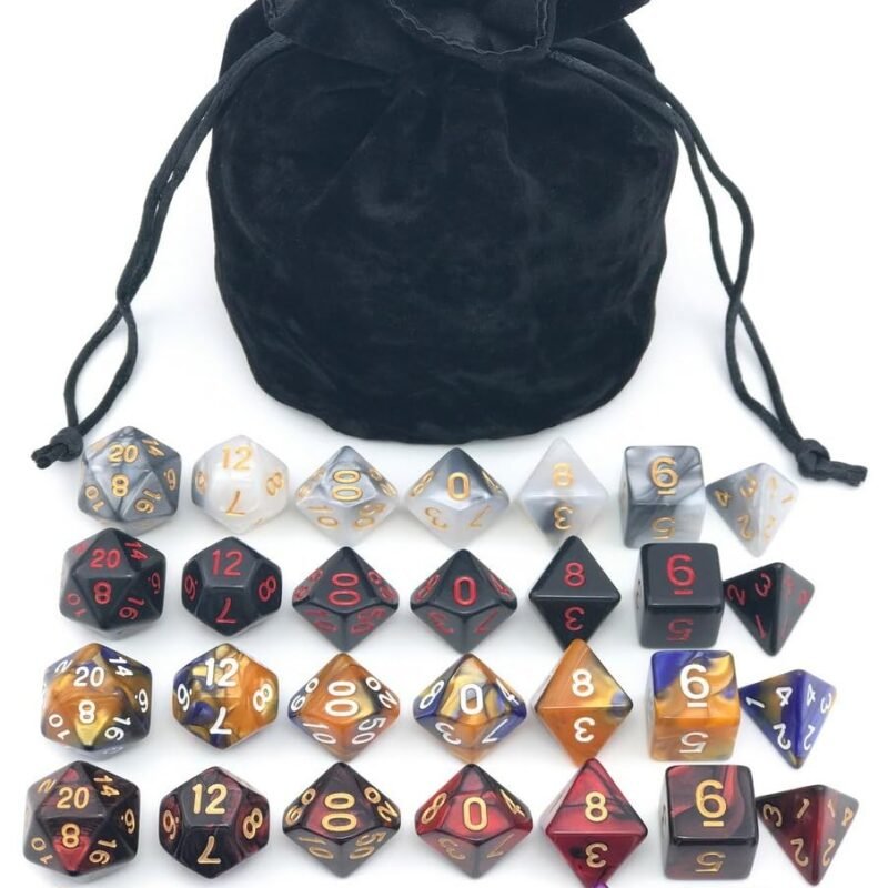 Assorted Polyhedral Dice Set with Black Drawstring Bag, 5 Complete Dice Sets of D4 D6 D8 D10 D% D12 D20 Great for Dungeons and Dragons DND RPG MTG Games