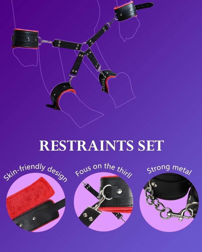 Restraint Sex Bondage BDSM Kit, Adult Couples Sex Toys, Bondage Gear and Accessories with Leather Handcuff Ankle Collar Restraints Strap Set Foreplay Game for Women Men in Bedroom Sofa Kitchen - Image 2