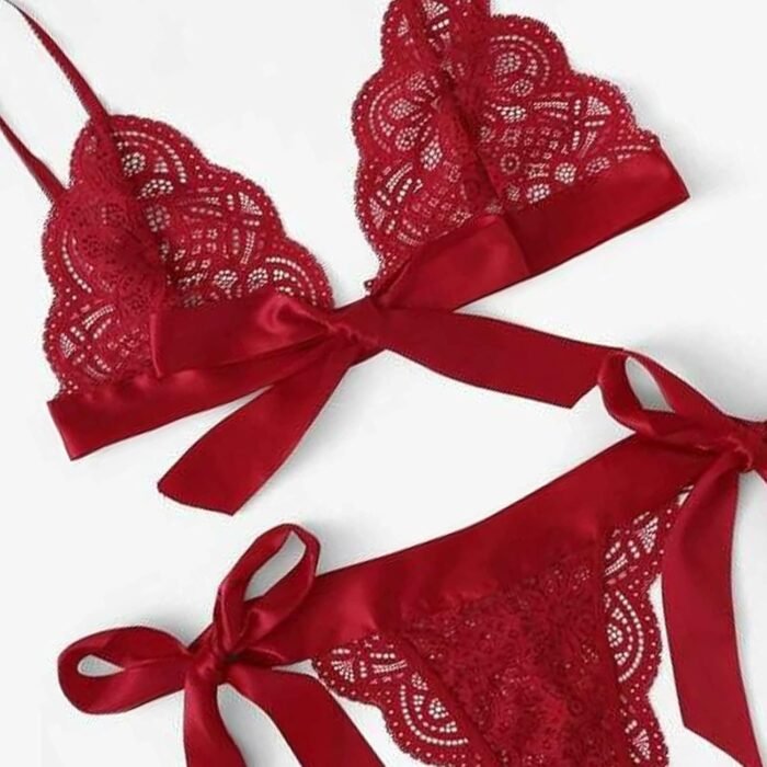 Sexy Lingerie Set for Women Scalloped Lace Bra with Bow Tie Side Trim Underpant - Image 2