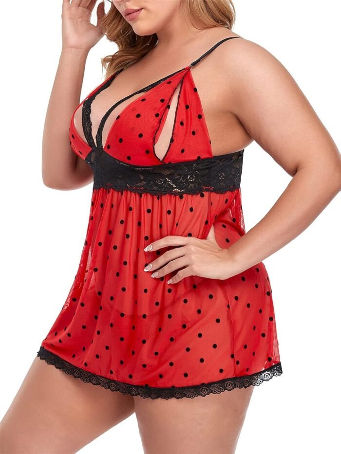 Women's Plus Size Lingerie Red Babydoll Lace Split Cup Sleepwear Chemise Set - Image 2