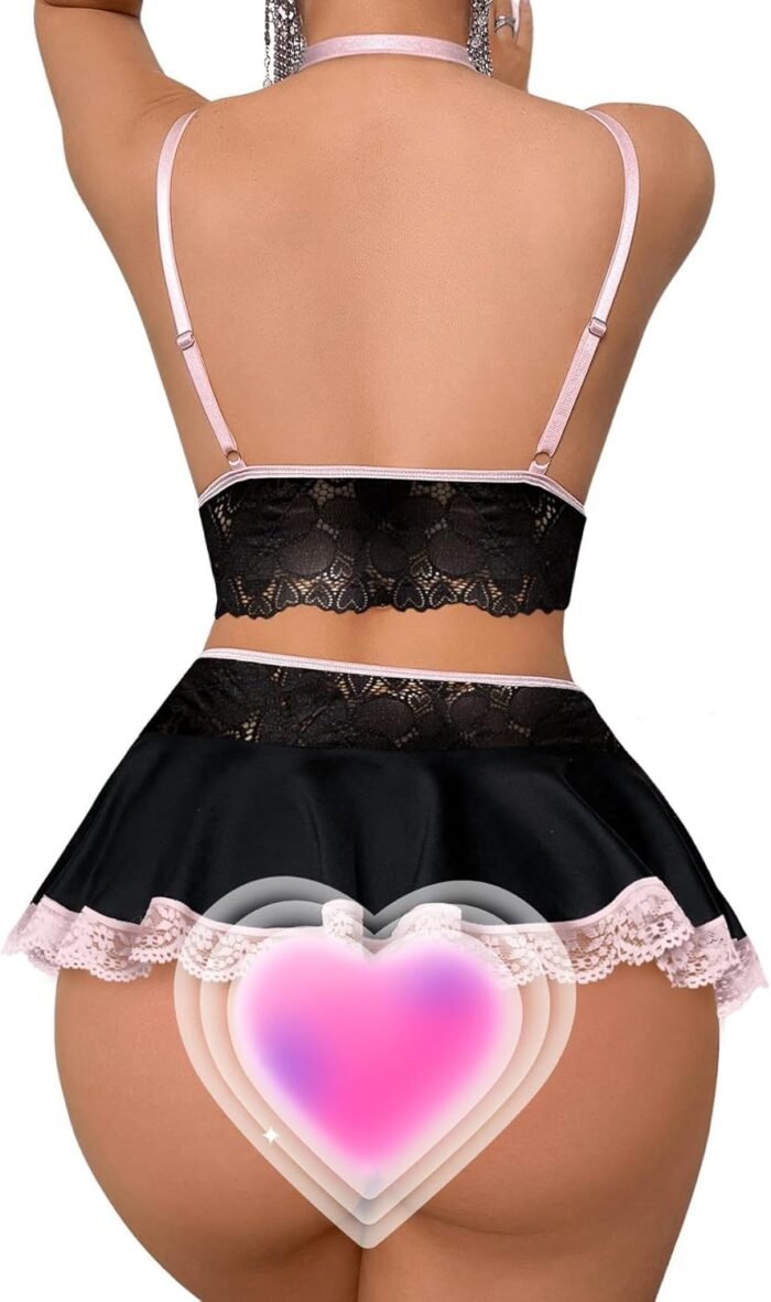 Sexy Stocking Mini Skirt Wireless Mesh Lace Garter Lingerie with Thong Set 4 Pieces - Image 2