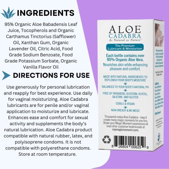 Aloe Cadabra Flavored Personal Lubricant and Vaginal Moisturizer, Organic Edible Aloe Lube for Men, Women and Couples, Non-Staining, pH Balanced, Toy Compatible (French Lavender, 2.5 Ounces, 1 Pack) - Image 4