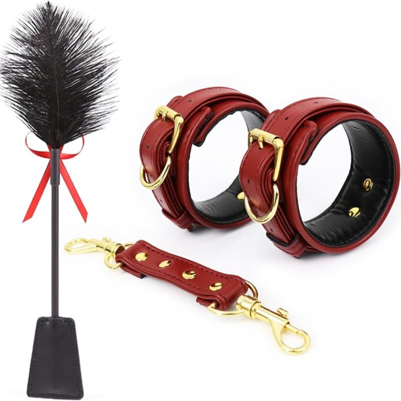 Double Ended Sex Feather Tickler Leather Sex Cuffs Adjustable Handcuffs BDSM Tools Fetish Bondage Collections Spanking Paddle Adult Sexual Sexy Games for Couples Women Men Role Play