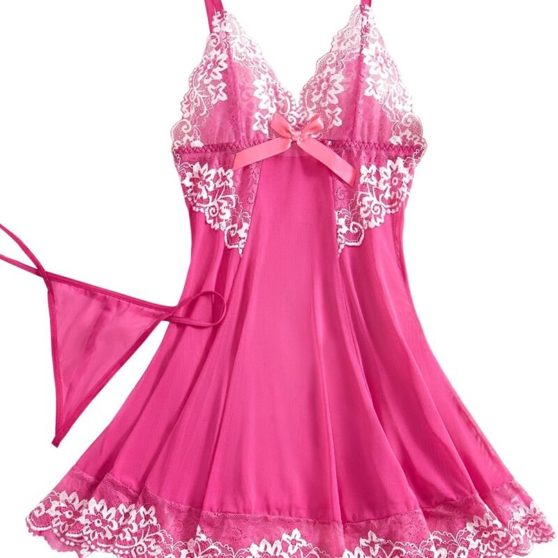 Lilosy Sexy Bow Mesh Lace Floral Sheer Babydoll Lingerie Set