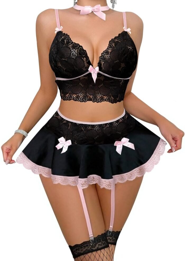Sexy Stocking Mini Skirt Wireless Mesh Lace Garter Lingerie with Thong Set 4 Pieces - Image 3