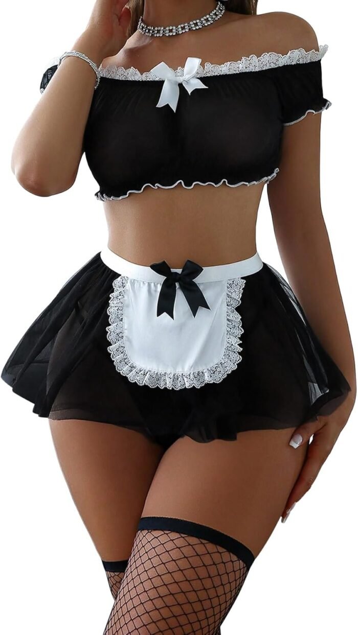 Sexy Stockings Mini Skirt Mesh Sheer Lace Cosplay Costume Outfit Lingerie with Thong Set 4 Piece