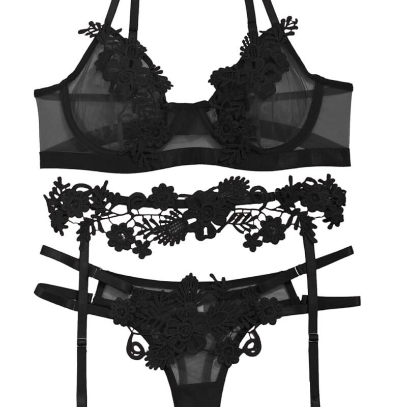 Lilosy Sexy Cute Applique Embroidered Underwire Push Up Garter Belt Chocker Lingerie Set