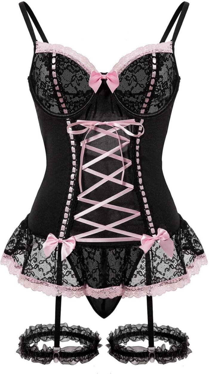Sexy Rave Mesh Corset Ruffle Lace Up Underwire Sheer Garter Belt Babydoll Lingerie Set With Thong 3 Piece Women