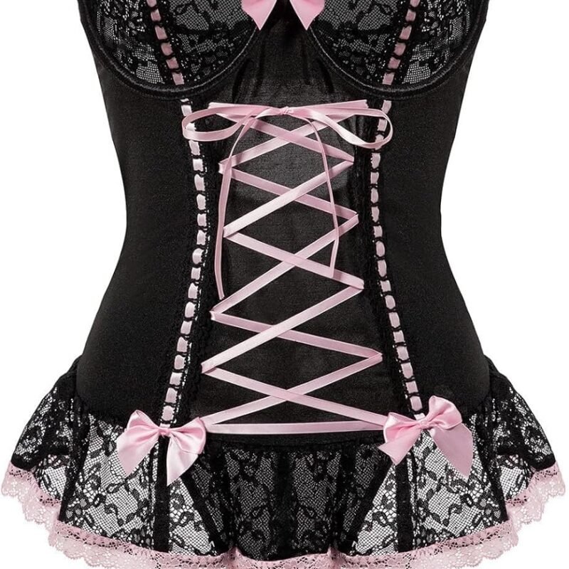Sexy Rave Mesh Corset Ruffle Lace Up Underwire Sheer Garter Belt Babydoll Lingerie Set With Thong 3 Piece Women
