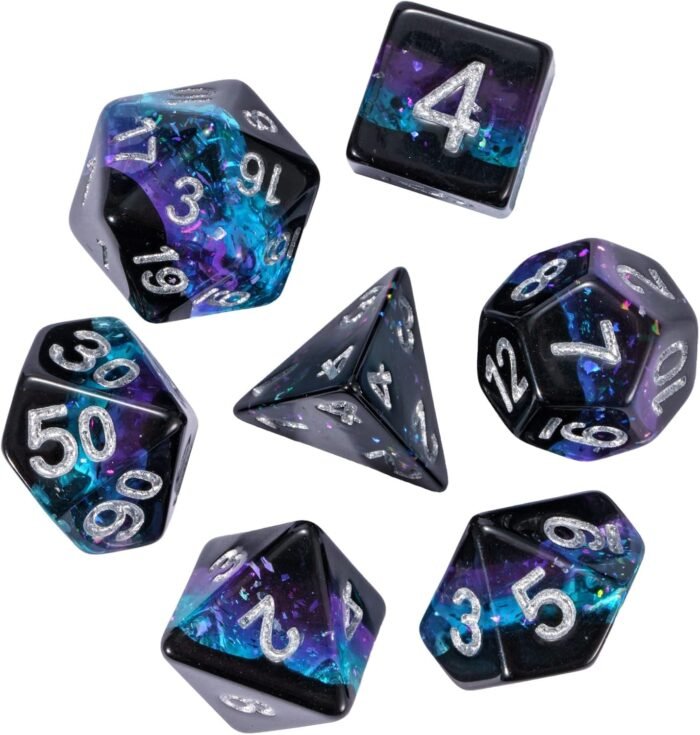 Glitter DND Dice Set, 7PCS RPG Resin D and D Dice Set Multi Color D&D Polyhedral Dice with Leather Pouch for Dungeons and Dragons Role Playing Games and Other Tabletop Games - Image 2