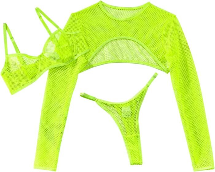 Lilosy Sexy Fishnet Sheer Underwire Rave Outfits Top Bra Panty 3 Piece Lingerie Set