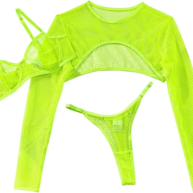 Lilosy Sexy Fishnet Sheer Underwire Rave Outfits Top Bra Panty 3 Piece Lingerie Set