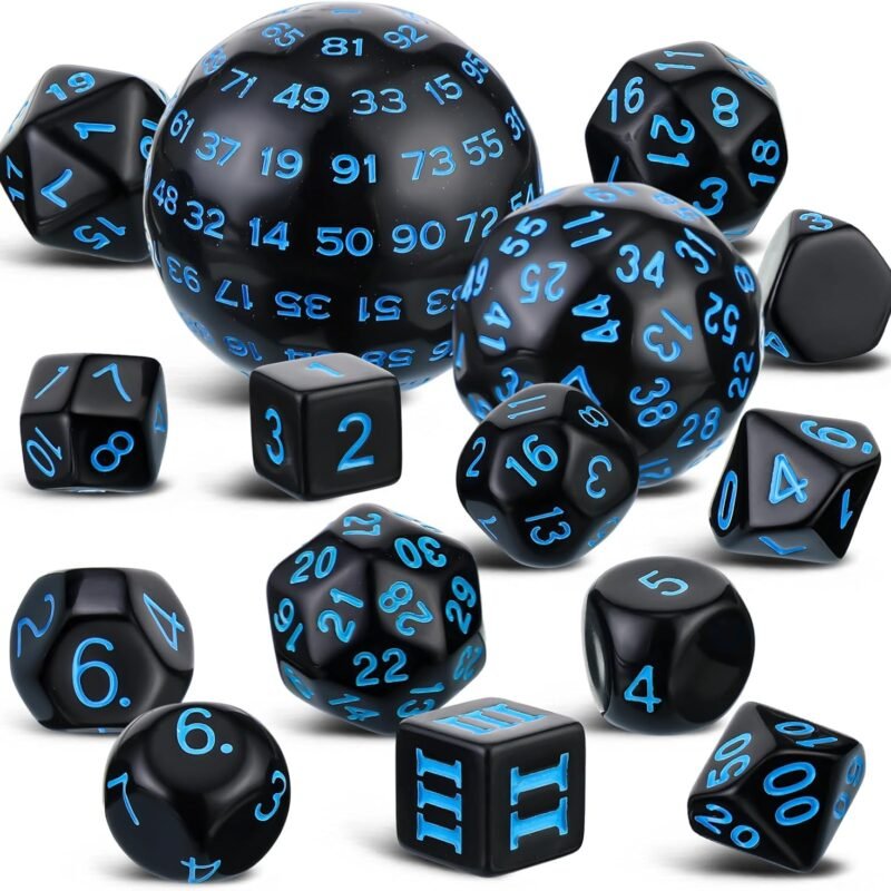 Civaner 15 Pcs Complete Polyhedral Dice Set D3-D100 Spherical RPG Dice Set in Opaque Black, 100 Sides for Role Playing Table Games Party Supplies(Black and Blue)