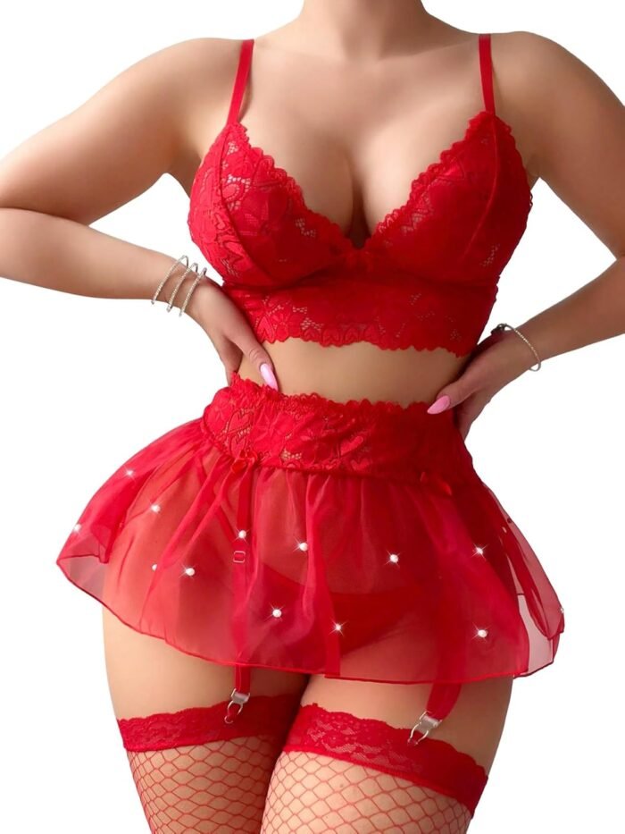 Sexy Stocking Mini Skirt Wireless Mesh Lace Garter Lingerie with Thong Set 4 Pieces