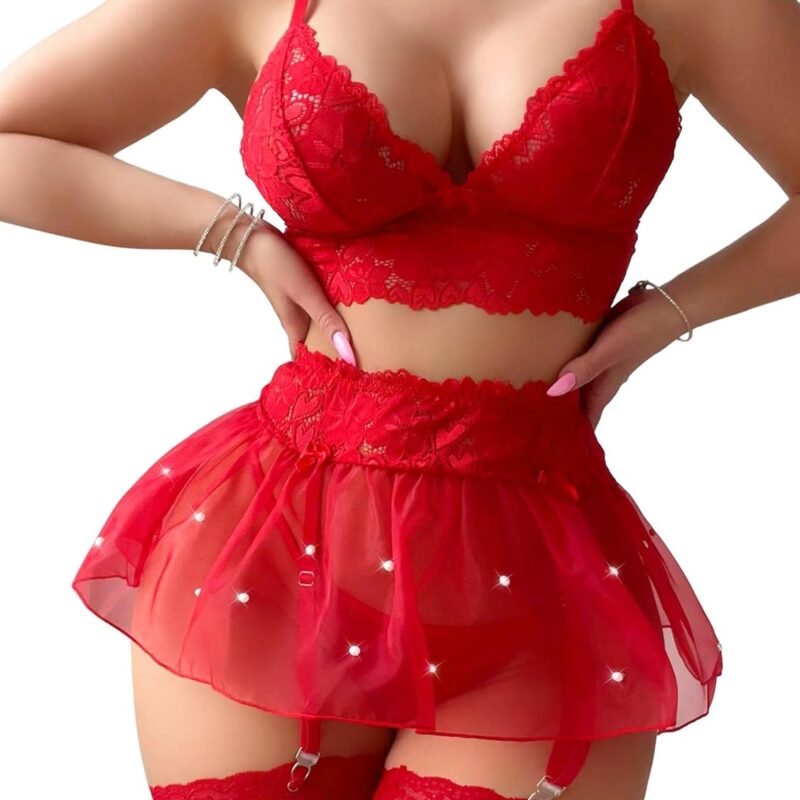 Sexy Stocking Mini Skirt Wireless Mesh Lace Garter Lingerie with Thong Set 4 Pieces