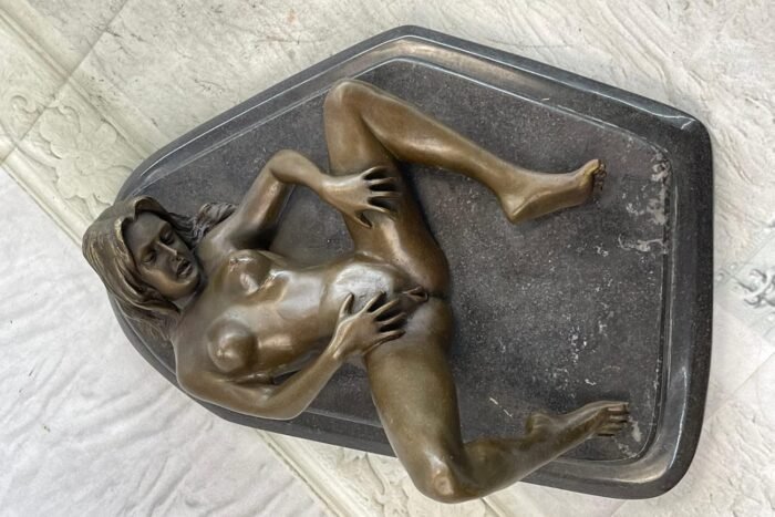 EUROPEAN BRONZE Bronze on Marble Figurative Erotic Art Sculpture Nude Female Touching Herself Artwork Gift - Image 4