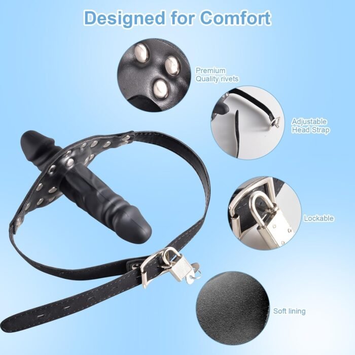 Double-Cock Dildo Penis Mouth Gag Plug, Padlock Ball Gag,Adjustable Bondage Leather Strap,BDSM Sex Toys for Man Women Couple,7.48 INCH - Image 3