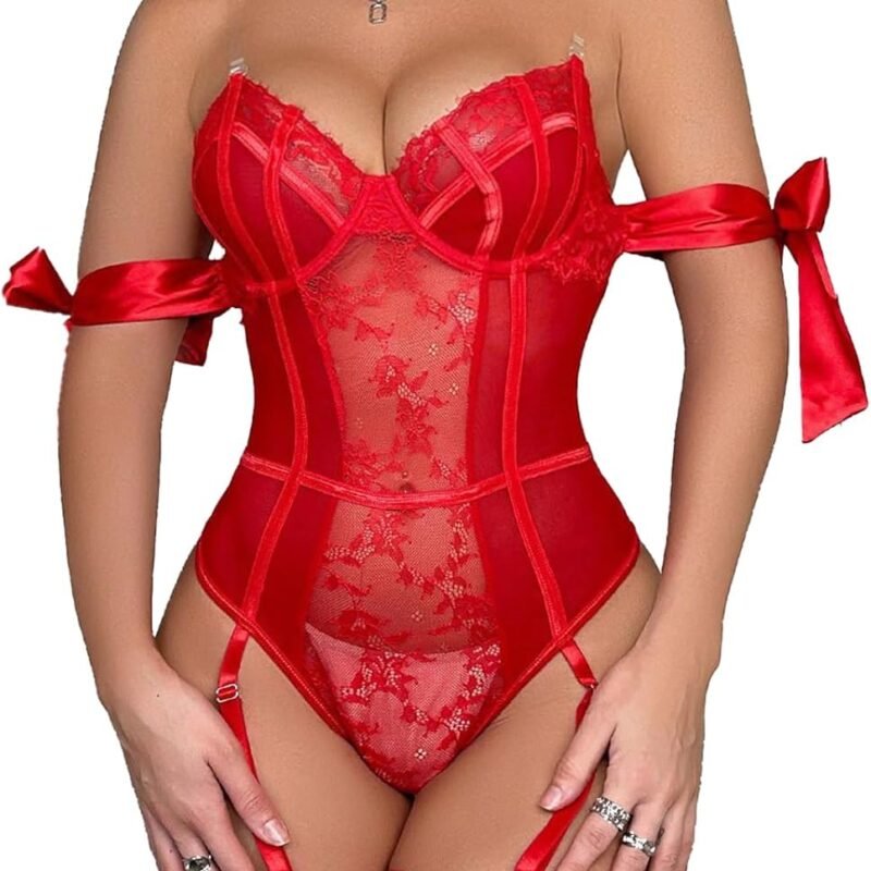 Women Lingerie Sets Lace Bodysuit with Stockings Embroidered Hollow Out Bow Sexy 2 Piece Lingerie Set For Women