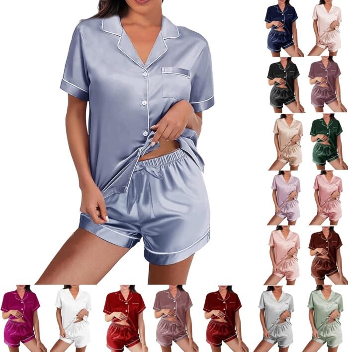 Womens Silk Satin Pajamas Loungewear Two-Piece Sleepwear Button-Down Floral Pj Set XS-4XL - Image 6