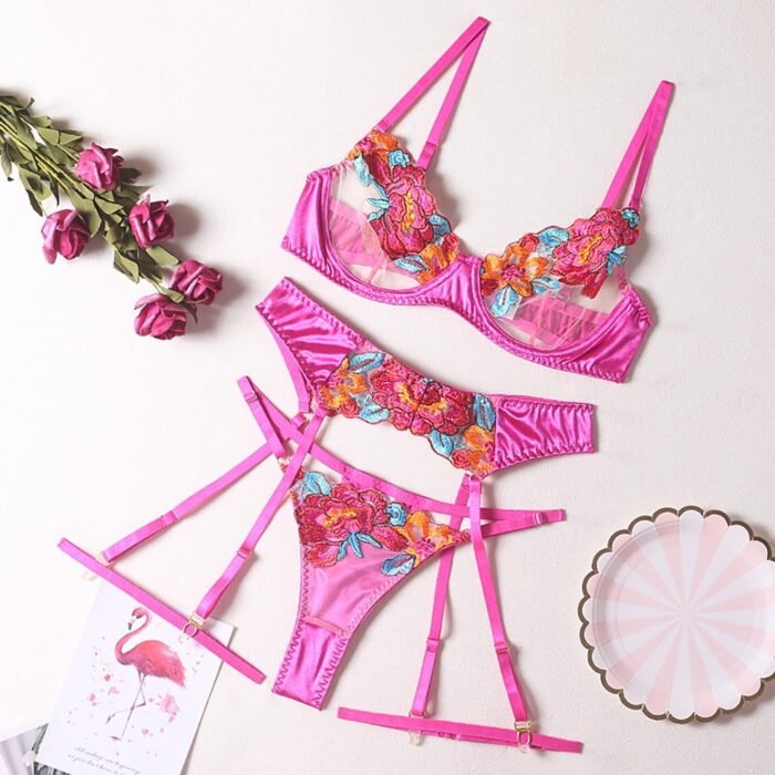 Lilosy Sexy Leaf Floral Embroidered Mesh Sheer Women Underwire Push Up Lingerie Set - Image 4