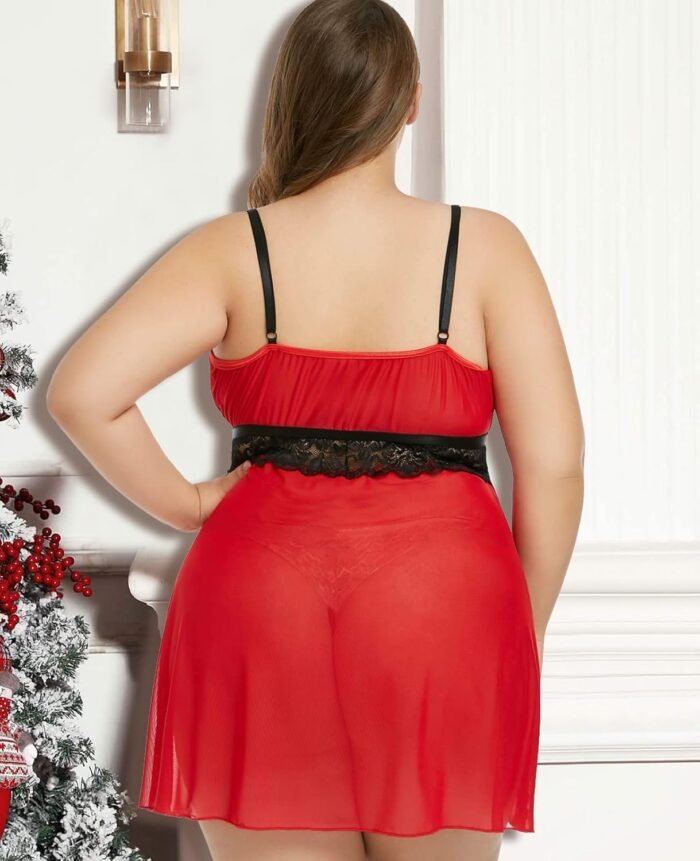 XAKALAKA Women's Plus Size Lingerie Babydoll Front Slit Lace Mesh Chemise Sleepwear Red22 XL - Image 2