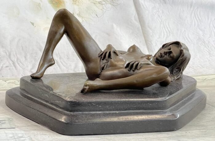 EUROPEAN BRONZE Bronze on Marble Figurative Erotic Art Sculpture Nude Female Touching Herself Artwork Gift
