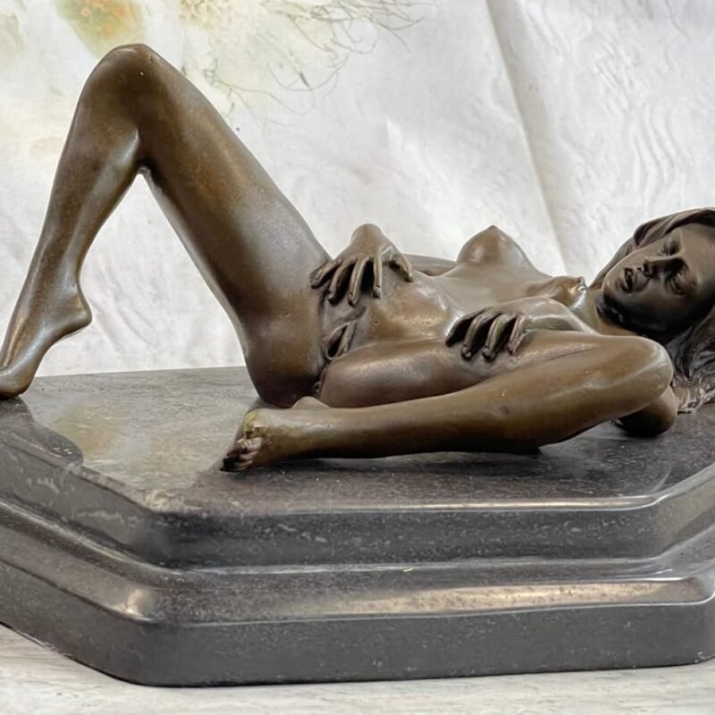 EUROPEAN BRONZE Bronze on Marble Figurative Erotic Art Sculpture Nude Female Touching Herself Artwork Gift