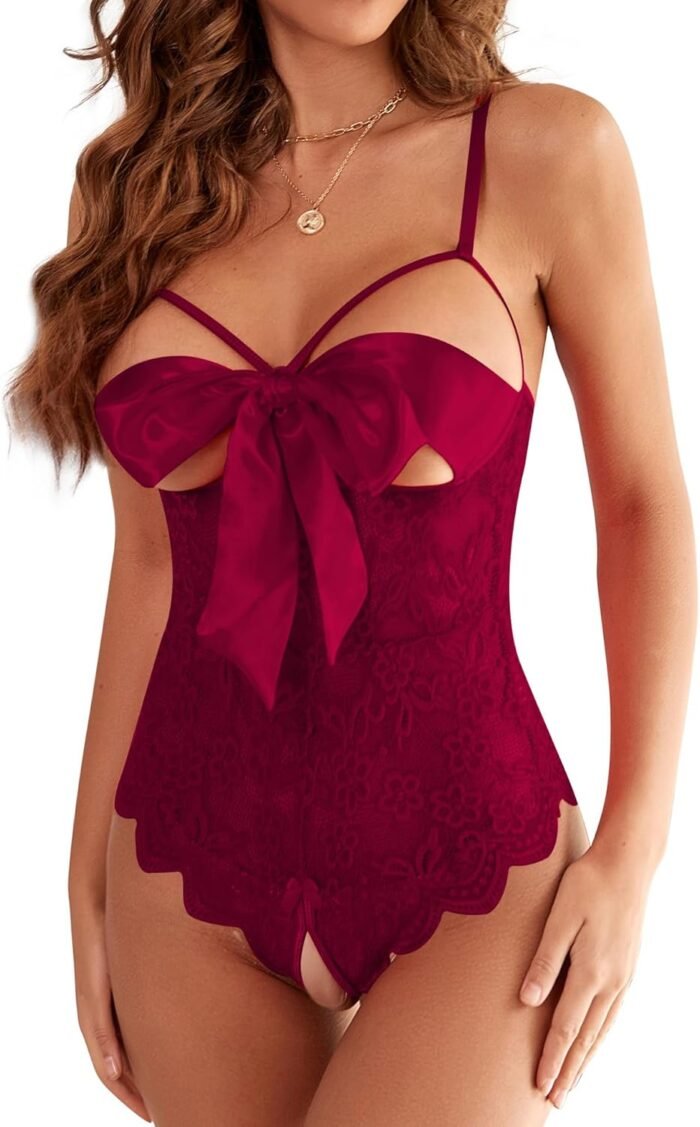 Donnalla Women Sexy Bodysuit Self Knot Front Floral Lace Teddy One Piece Babydoll Naughty Lingerie