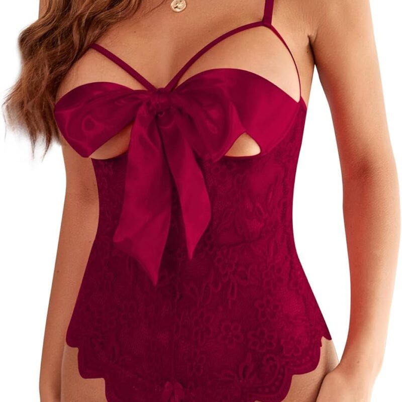 Donnalla Women Sexy Bodysuit Self Knot Front Floral Lace Teddy One Piece Babydoll Naughty Lingerie