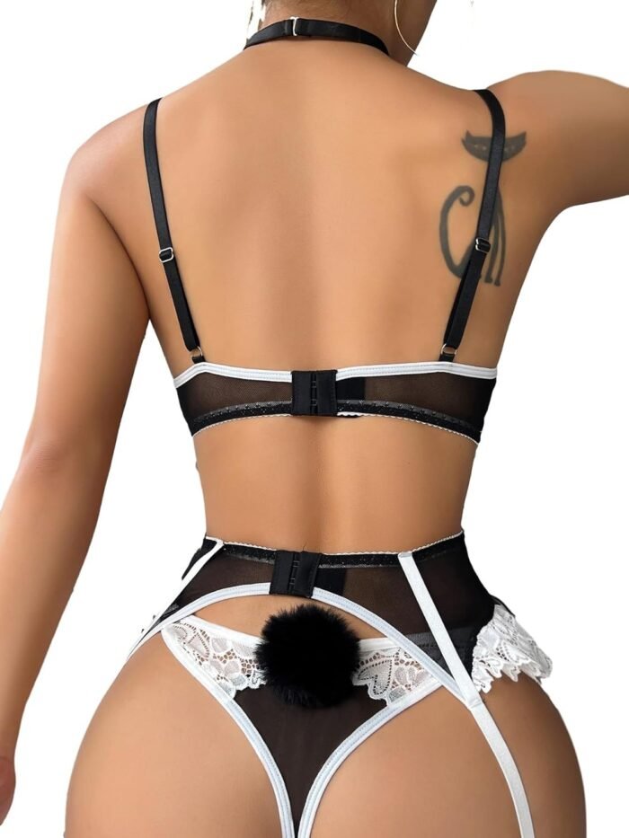 Lilosy Sexy Bow Choker Floral Lace Stocking Sheer Underwire Push Up Garter Lingerie Set
