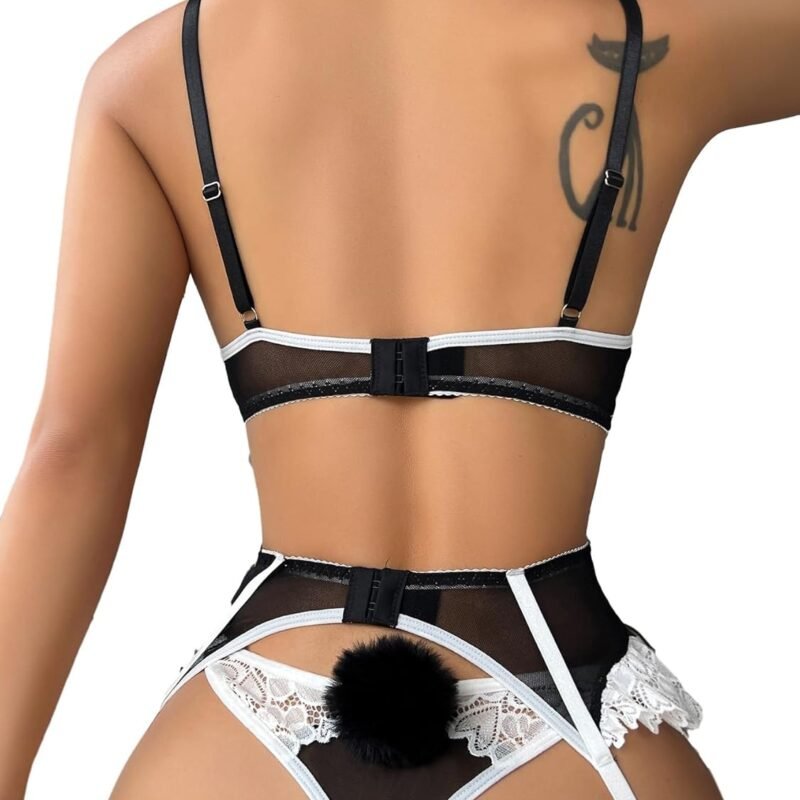 Lilosy Sexy Bow Choker Floral Lace Stocking Sheer Underwire Push Up Garter Lingerie Set
