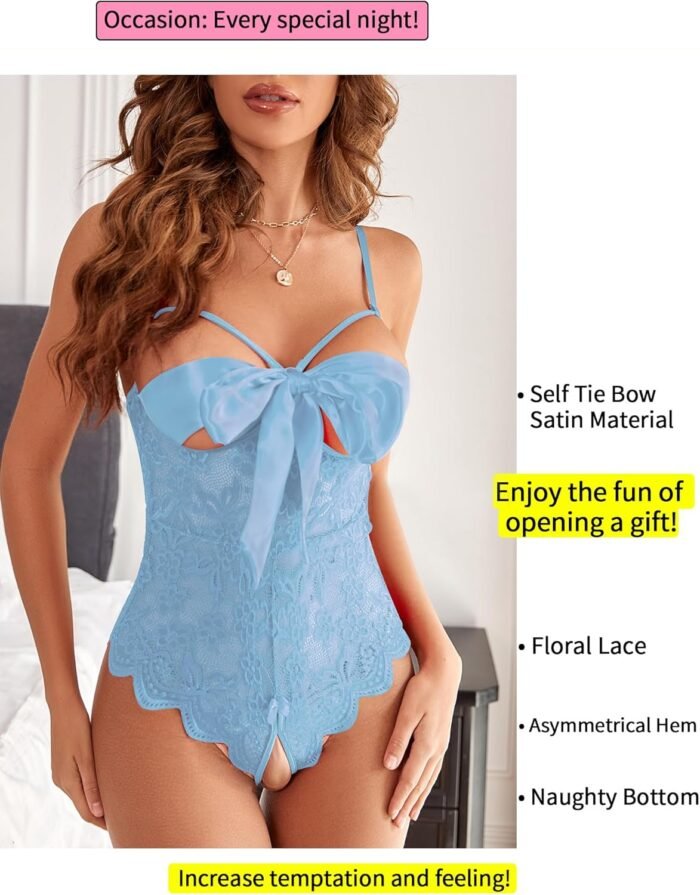 Donnalla Women Sexy Bodysuit Self Knot Front Floral Lace Teddy One Piece Babydoll Naughty Lingerie - Image 2