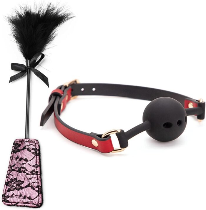 Silicone Bondage Ball Gag Double Ended Spanking Paddle Feather Tickler Bondage Restraints Sex Gag Muzzles BDSM Kit Adjustable Mouth Gag Open Mouth Sex Flirting Toys for Couples Women Men