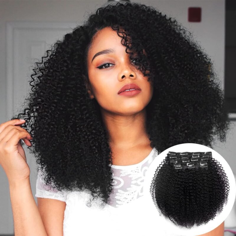 Afro Kinky Curly Clip in Hair Extensions,3C 4A Clip Ins for African American Black Women,100% Remy human Hair,Double Wefted Natural Black, 9A 7 Pieces 18 Clips,120 Gram,14 Inch