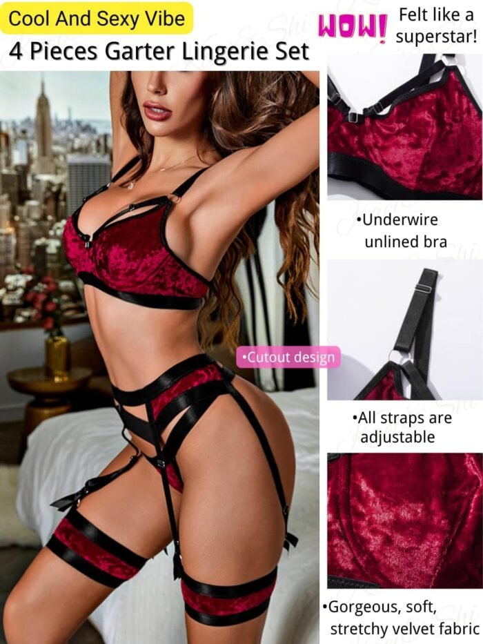 Garter Lingerie for Women,Sexy Lace Lingerie,Sheer Matching 4 Piece Lingerie Set - Image 2