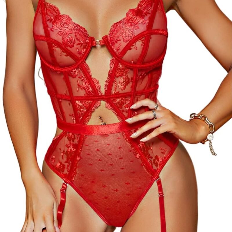 Kaei&Shi Floral Embroidered, Underwire, Removable Garter, Thigh Straps, Backless Bodysuit