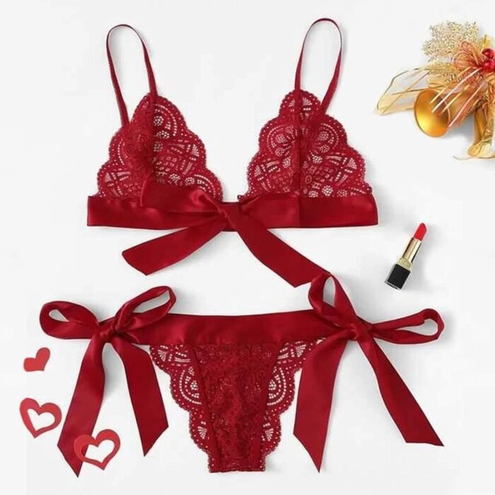 Sexy Lingerie Set for Women Scalloped Lace Bra with Bow Tie Side Trim Underpant - Image 3