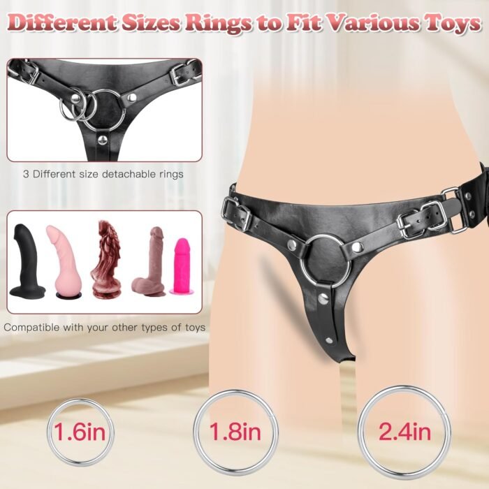 Strap On Harness Sex Toys for Women - Strapon Dildo Harness Adjustable Waist Leather Belt with 3 Size Metal Rings Pegging Dildo, Sex Straps Adult Toys for Men Women Lesbian - Image 4