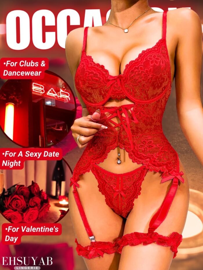 3Pc Sexy Corset Lingerie, Floral Lace, Satin Bow, Ruffle Thigh Cuffs - Image 5