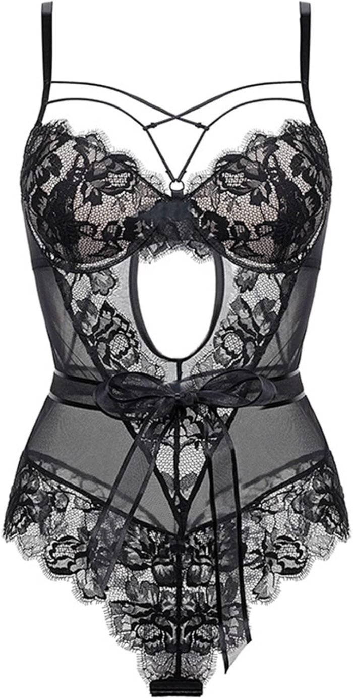 French Seductive Lace Bodysuit Transparent Fitted Teddy Sculpting Lingerie Elegant Bow Tie