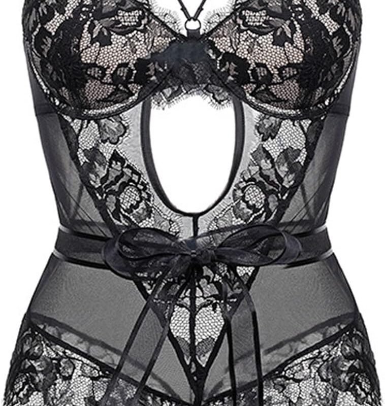 French Seductive Lace Bodysuit Transparent Fitted Teddy Sculpting Lingerie Elegant Bow Tie