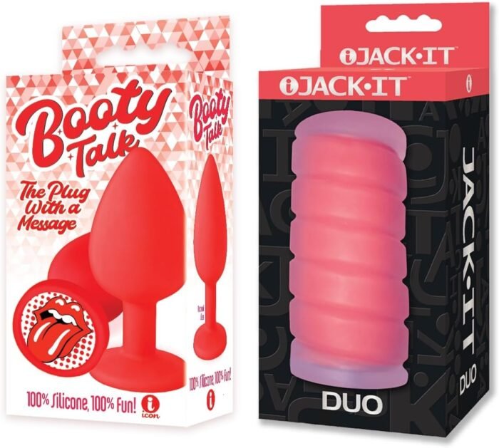 Sex Toy Couples kit of Booty Talk, Silicone Butt Plug, Red, The Tongue and Icon Brands Jack-It Duo, Cherry