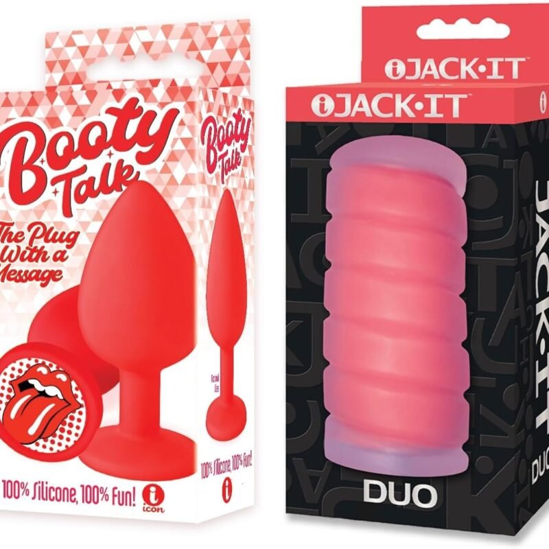 Sex Toy Couples kit of Booty Talk, Silicone Butt Plug, Red, The Tongue and Icon Brands Jack-It Duo, Cherry