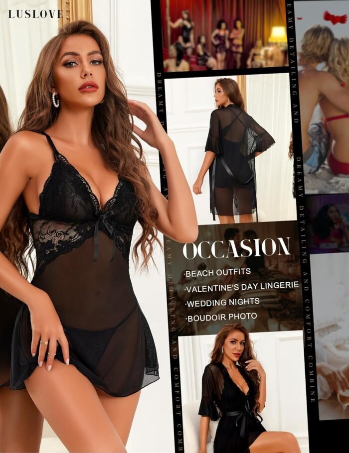 Women Sexy Lingerie Set 3 Piece Babydoll & Lace Kimono Robe Strap Chemise Nightgown Mesh Sleepwear - Image 4